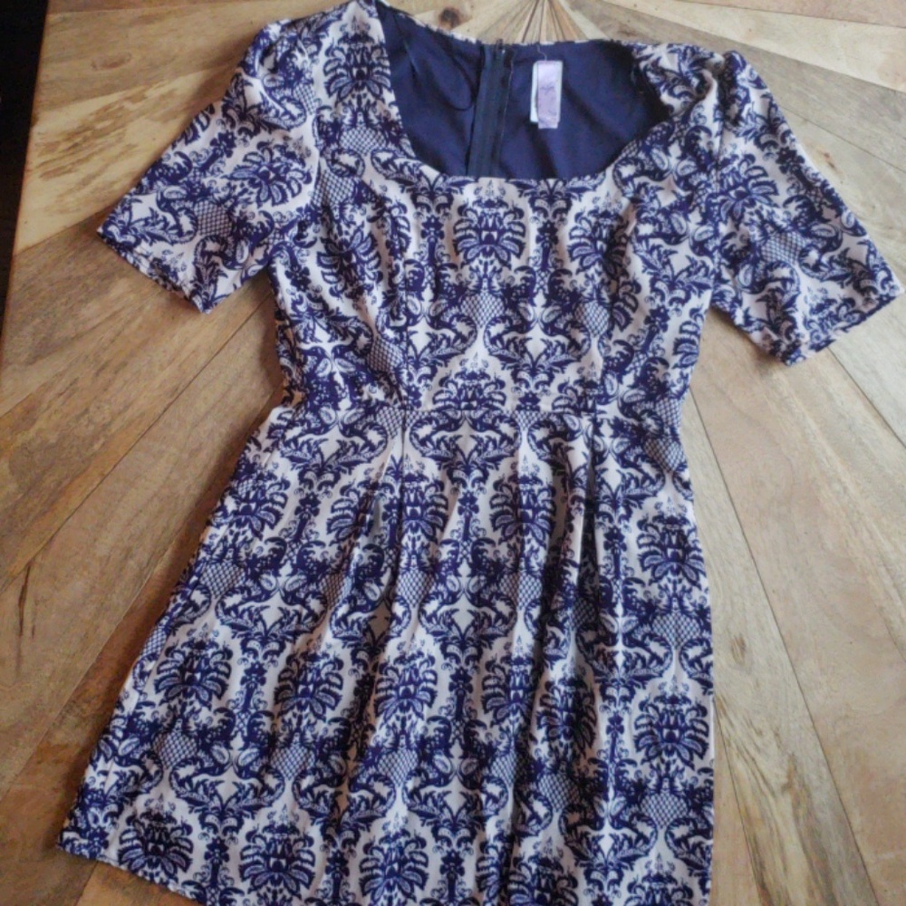 Cream and blue A-line dress